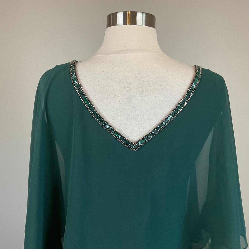 JKara Green Cocktail Dress Sequined Chiffon Caped V-Neck Mini Sheath Size 6 - Picture 9 of 12